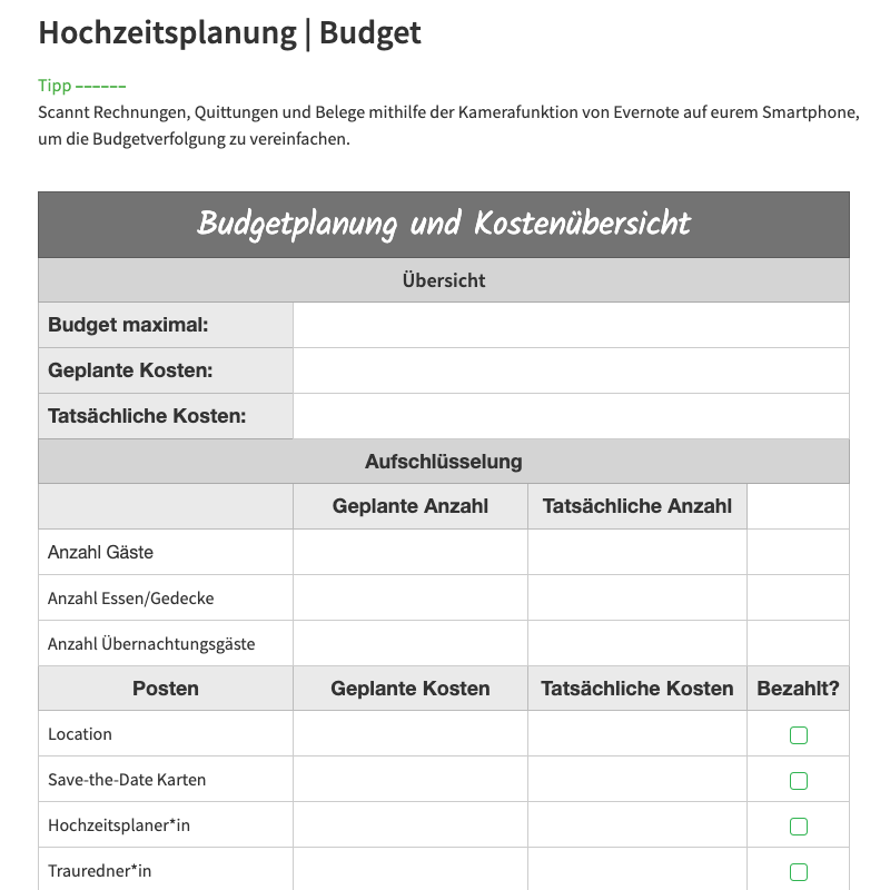 Hochzeitsplanung Evernote Budget Vorschau